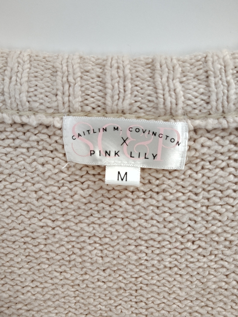 Caitlin Covington x Pink Lily Kelsey Sweater Taupe Wide Neck Off Shoulder Soft M - Picture 5 of 9